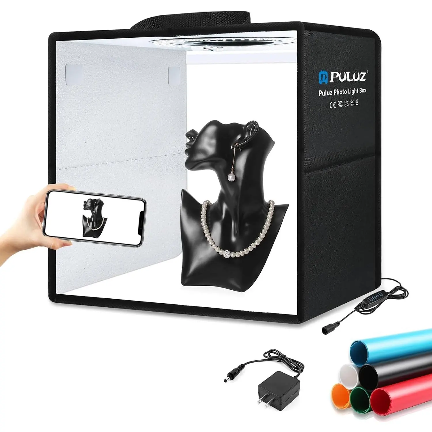 PULUZ Light Box Photography, 12"x12" Professional Dimmable Shooting Tent Kit with CRI >95 White Lighting 120 LEDs Lights + 6 Photo Backdrops for Product Display