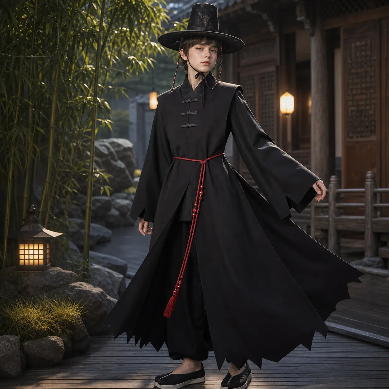 Cosplay Costume Set, Lightweight Oriental Look 5-Piece Stage Outfit for Boys with Long Coat, Hat & Tassel Belt, Machine Wash