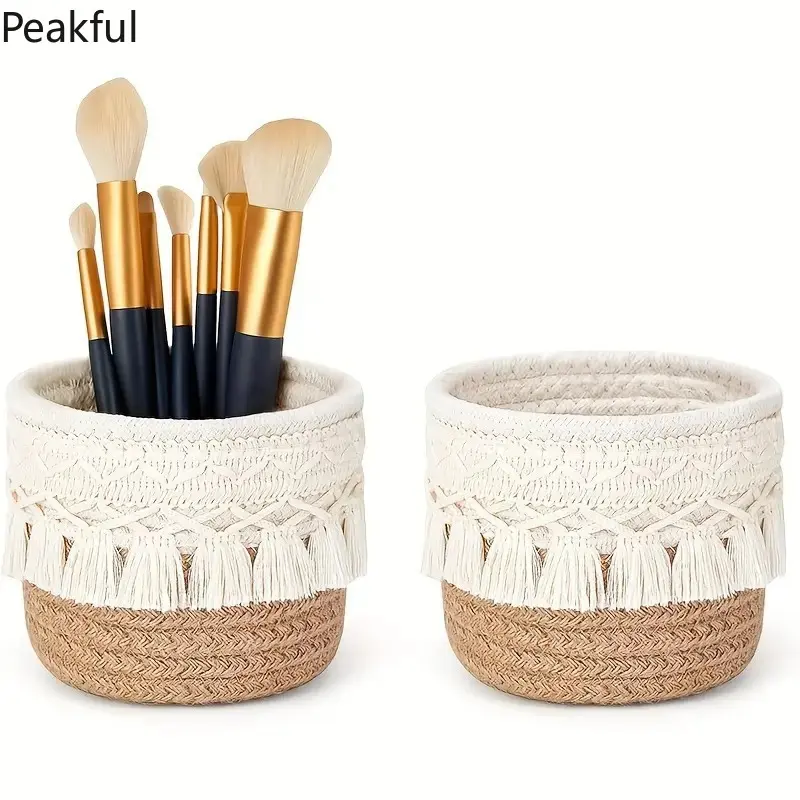 Cute Round Cotton Rope Storage Basket, Decorative Woven Bin for Makeup Brushes, Desk Pens & Jewelry, Boho Vanity Organizer, Perfect for Bathroom, Bedroom & Office