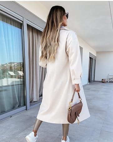 Women's Long Coat Notched Lapel Collar Double Breasted Pea Coat Winter Elegant Wool Blend Over Coats Jackets