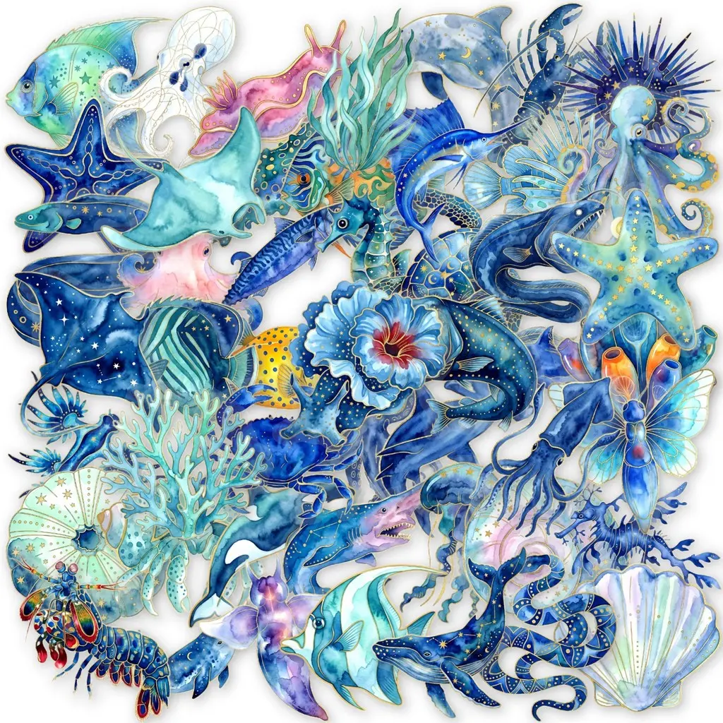 50Pcs Blue‑Tone Underwater World Clear PET Stickers, Starfish Seahorse Coral Shell Ocean‑themed Decals for DIY Journal Bottle Aesthetic Decoration