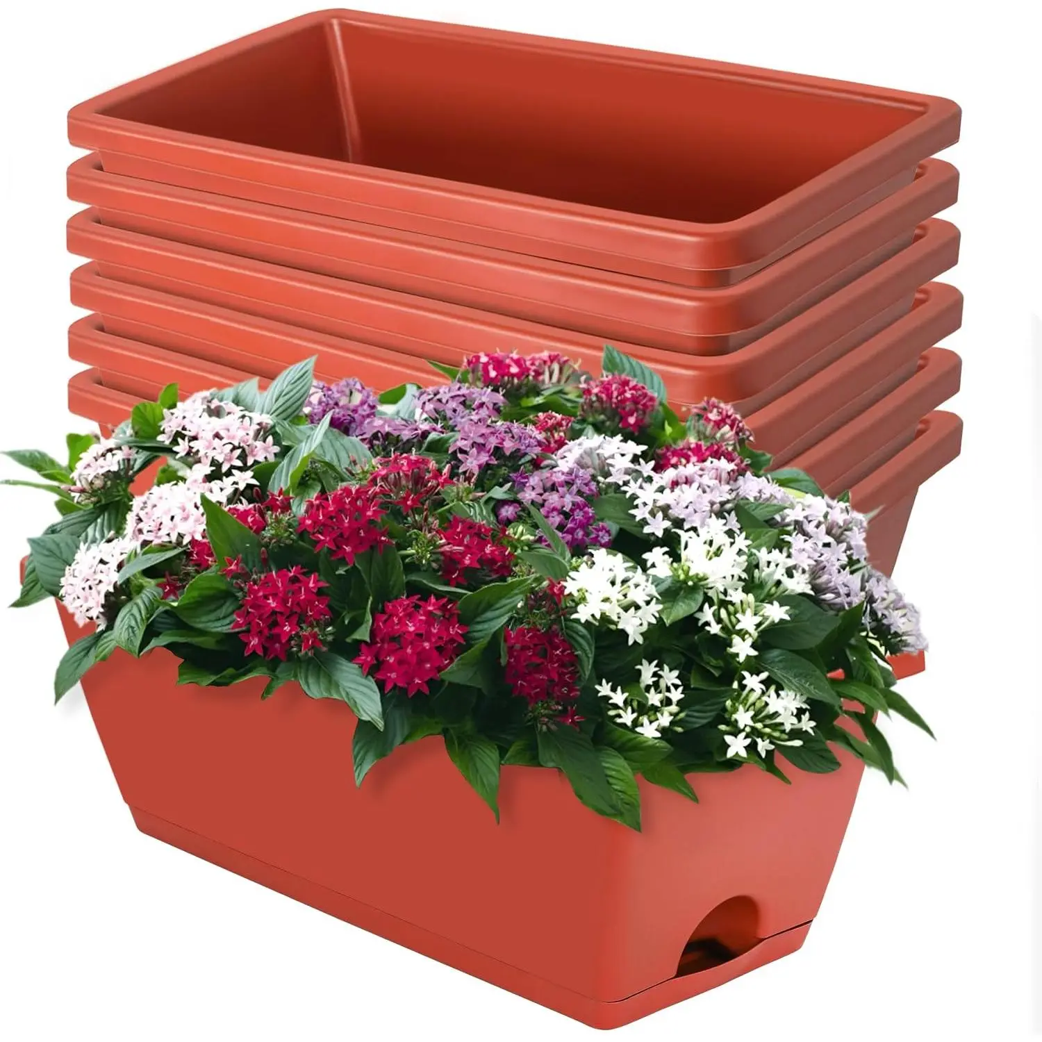 Window Box Planter, Plastic Vegetable Flower Planters Boxes 17 Inches Rectangular Flower Pots with Saucers for Indoor Outdoor Garden, Patio, Home Decor (7, Brick Red)