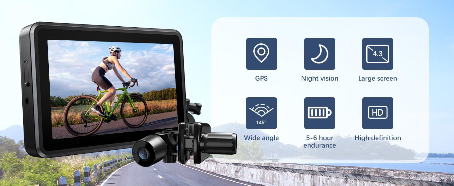 Handlebar Bike Mirror, Bicycle Rear View Camera with 4.3'' HD Night Vision Function, 145° Wide Angle View, Adjustable Rotatable Bracket, Compatible with Bicycle, Mountain, Road Bike