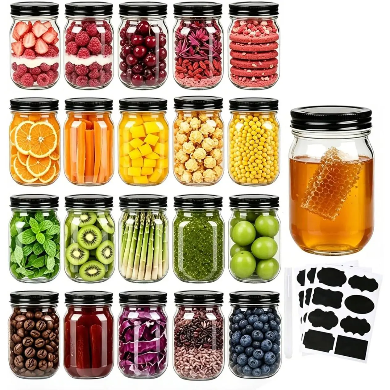 Mason Jars,Glass Jars With Lids 12 oz,Canning Jars For Pickles And Kitchen Storage,Wide Mouth Spice Jars With Black Lids For Honey,Caviar,Herb,Jelly,Jams,Set of 20