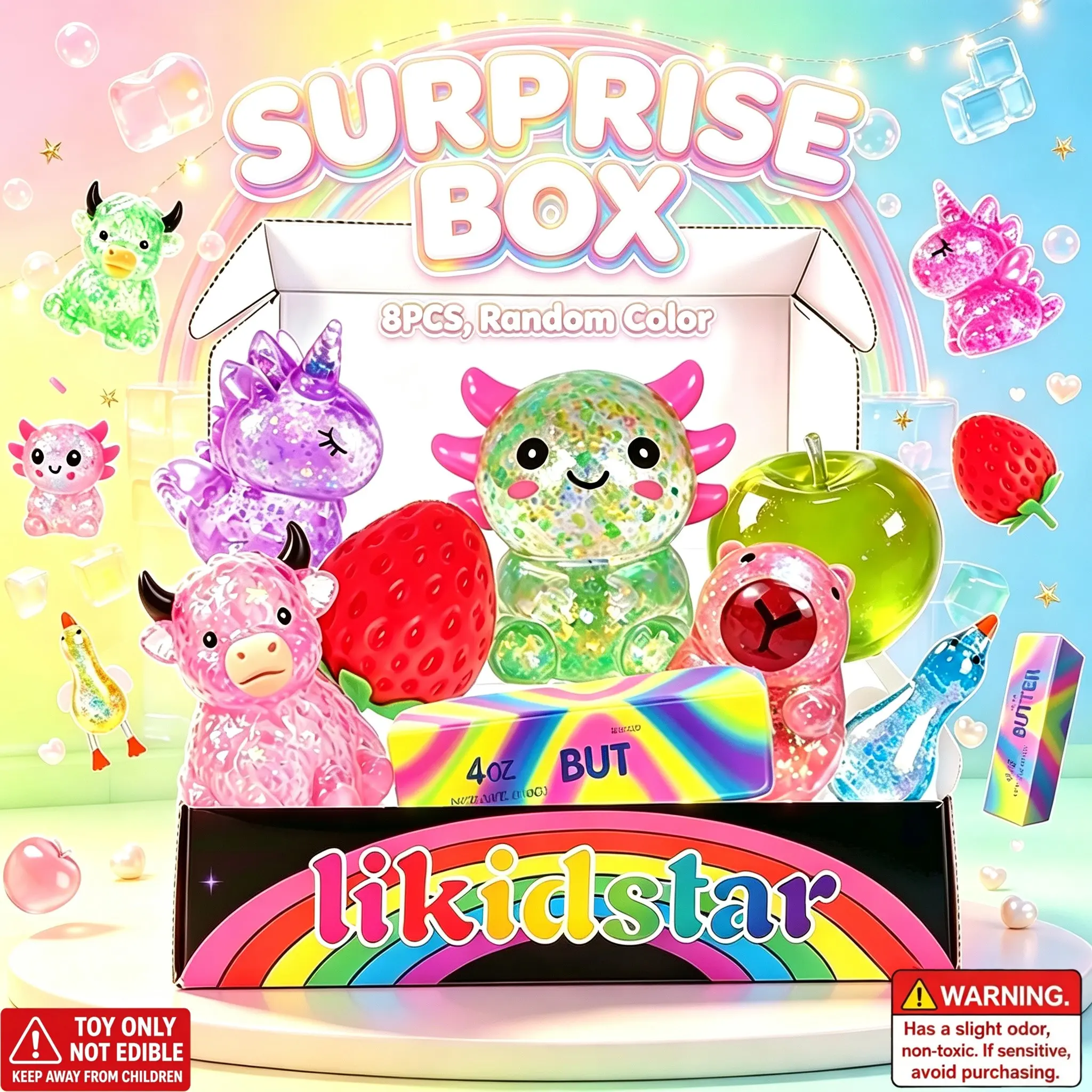 8Pcs Mixed Theme Surprise Box Jelly Squishy Set, Fidget Squishies, Assorted Animal & Fruit Transparent Glitter TPR Squeeze Fidget Toy, Gradient Sparkle Color, Portable Sensory Stress Reliever, Kids Classroom Reward, Birthday Party Favor & Desktop Ornament