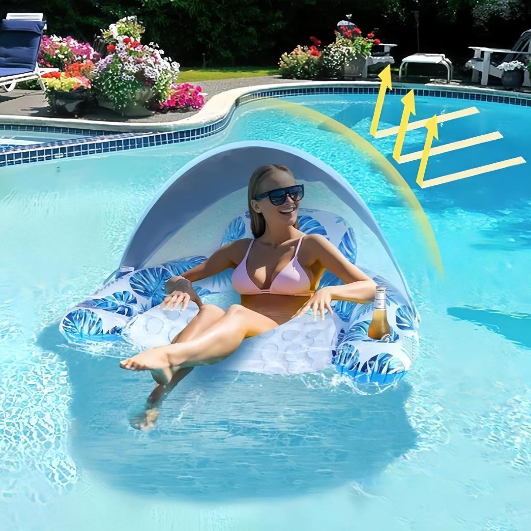 Inflatable Pool Float with Canopy, Inflatable Pool Chair Lounge Float with Adjustable Sun Shade Cover, Drink Holder, Ergonomic Headrest, Swimming Accessories, Inflatable Pool Floaters