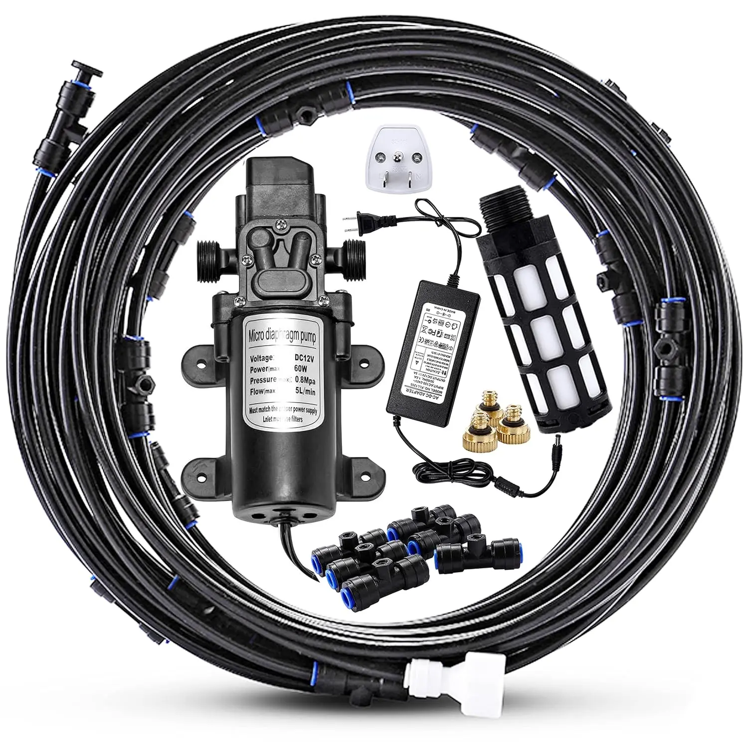Outdoor Misting Cooling System with Pump Kit, 49.2FT(15M) Misting Line | Misting Pump with Filter, 20 Brass Mist Nozzles, 1 Brass Adapter (3/4"), 12V DC 60W 5L/Min, Self Priming Sprayer Water Pump