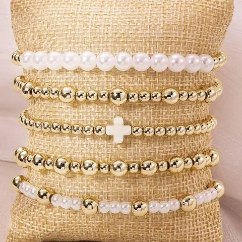 5Pcs/Set Bohemia Beaded Bracelets For Women Faux Pearl Stackable Stretch Bead Ball Bracelet Cross Jewelry Set Gifts For Woman Beautiful Bracelets