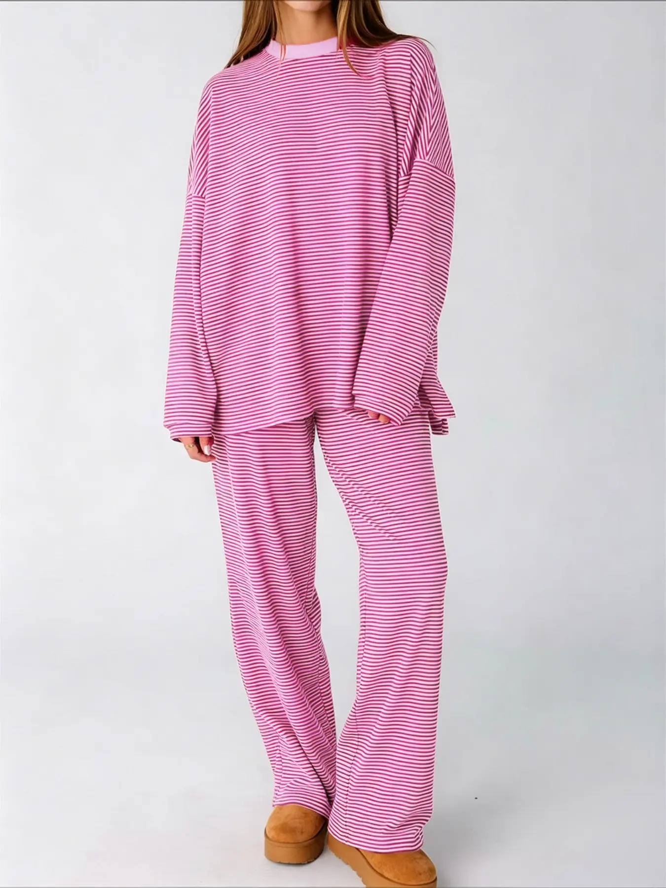 Women's Striped Set, Loose Fit Oversized, Round Neck Long Sleeve Top, Elastic Waist Straight Leg Pants, 2-Piece Cotton Comfortable Lounge Wear Pajamas Nightwear
