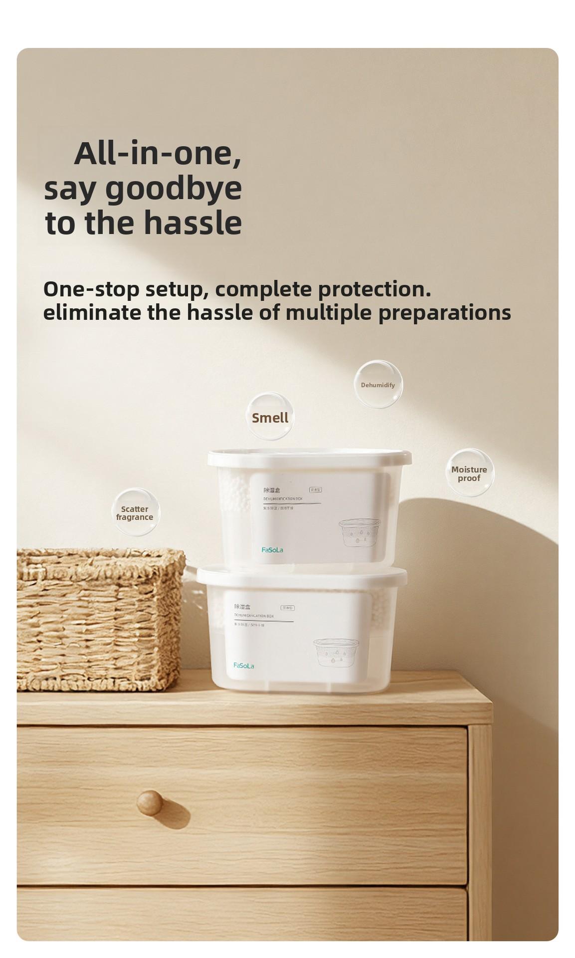 FaSoLa dehumidification box is a moisture-absorbing and damp-proof device for indoor wardrobes and shoe cabinets, a deodorizing and fragrance-retaining box, and a mold-preventing desiccant for dormitories
