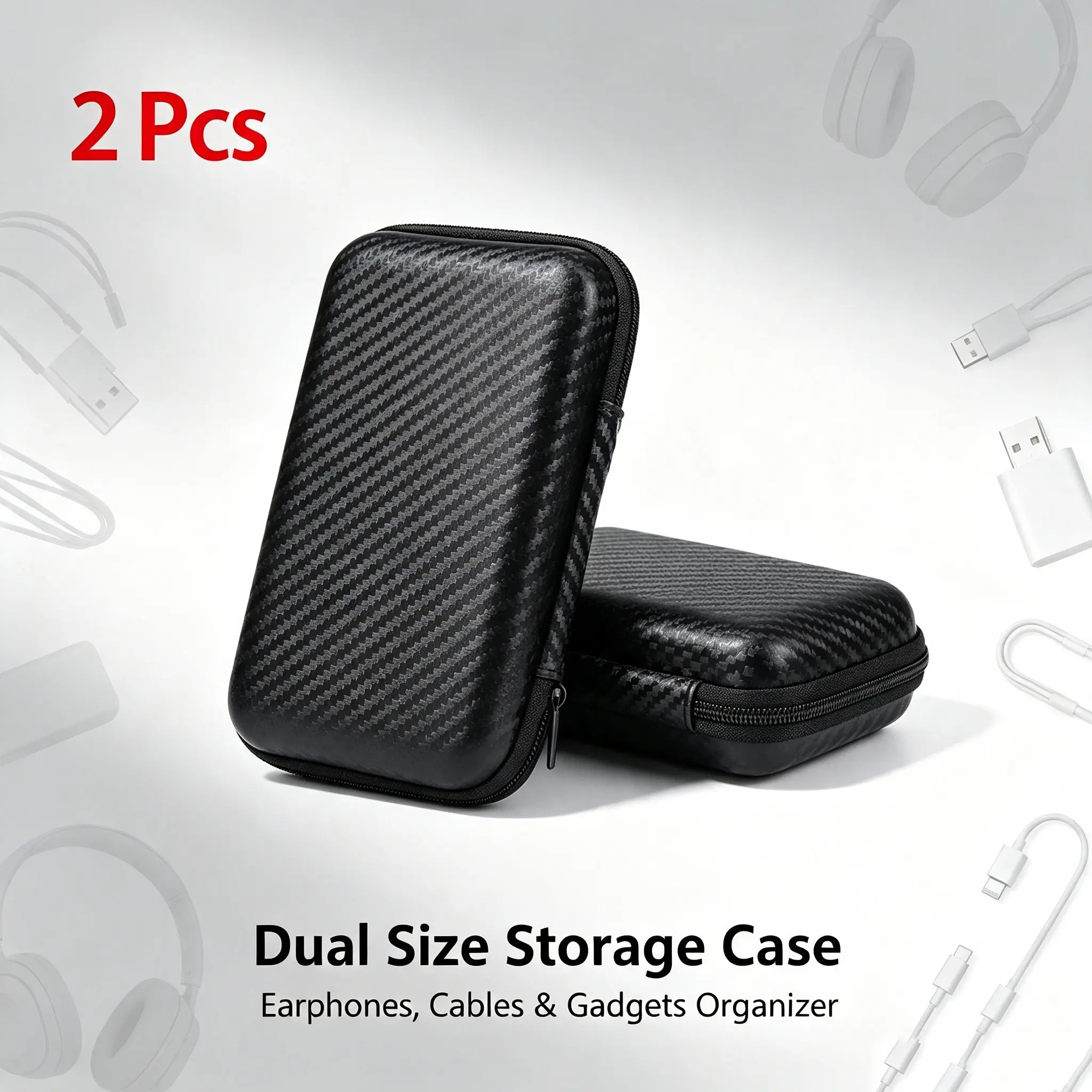 2 Piece Set Eva Hard Shell Storage Bag, Carbon Fiber Texture Zipper Pouch, Digital Accessories Protector, Home Office Travel Use