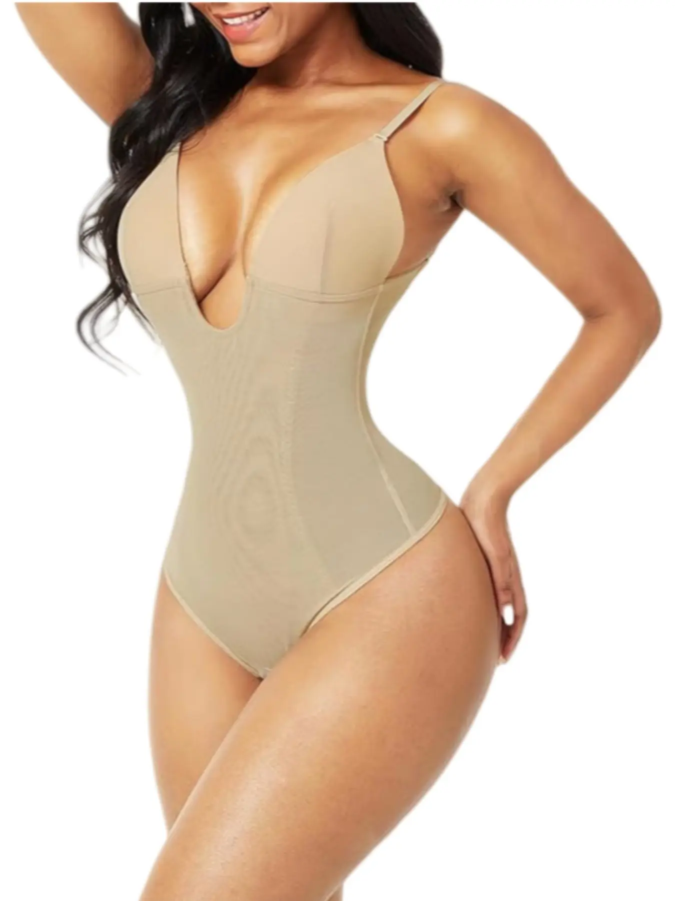 Deep V Plunge Mesh Waist Shapewear Bodysuit, Adjustable Spaghetti Straps, Tummy Control & Bust Support, Perfect Under Low-Neck Dresses