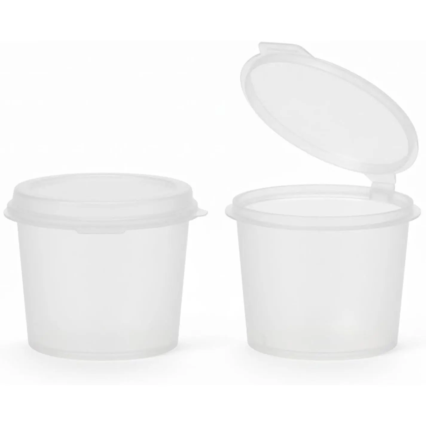 1oz Clear Plastic Portion Cups with Hinged  – Leak-Proof, Stackable, Durable cups for meal prep, dressings, jello shots, condiments, samples, desserts, crafts, paints and parties (100 Pack)