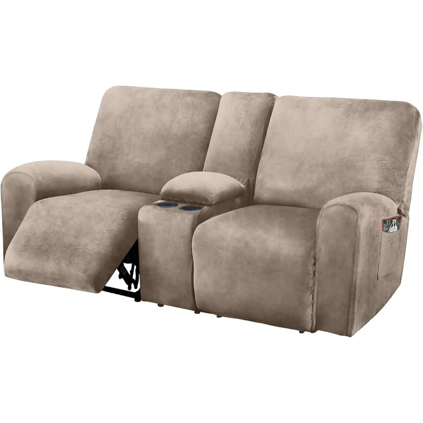 Reclining LoveSeat with Middle Console Slipcover, 8-Piece Velvet Stretch Loveseat Reclining Sofa Covers, 2 seat Love seat Recliner Cover, Thick, Soft, Washable, Love seat Slipcovers (Taupe)