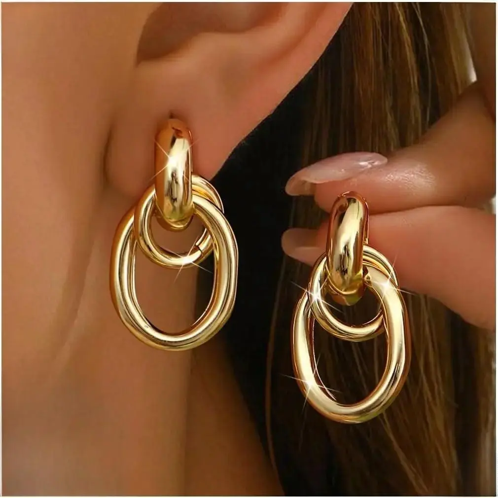 Women's Chunky Gold Metal Coating Knot Earrings - Gold Statement Earrings, Trendy Lightweight Hypoallergenic Large Geometric Dangle Drop Stud Hoops, Summer Fashion Costume Jewelry Accessory