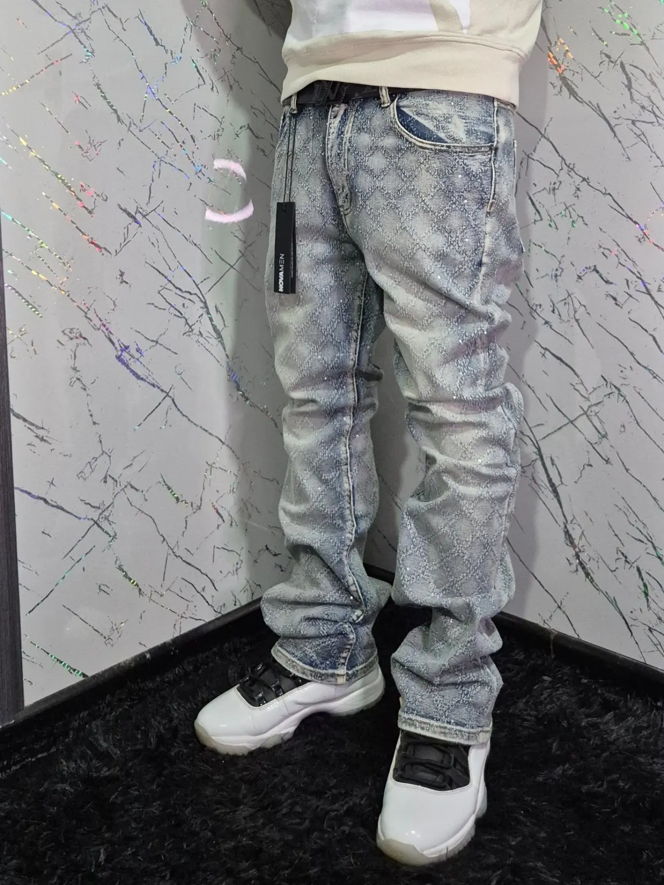 Blue Carbon Drill Jacquard Micro Flare Jeans, Streetwear Trendy Micro Flare Jean Pants, Cotton Solid Color Daily Commute Jeans
