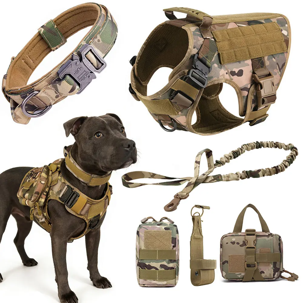 Large Dog Tactical Harness Set (includes dog harness, collar, leash, and accessory kit), Military-Style Dog Vest, Adjustable Service Dog Harness, for Outdoor Hiking and Training