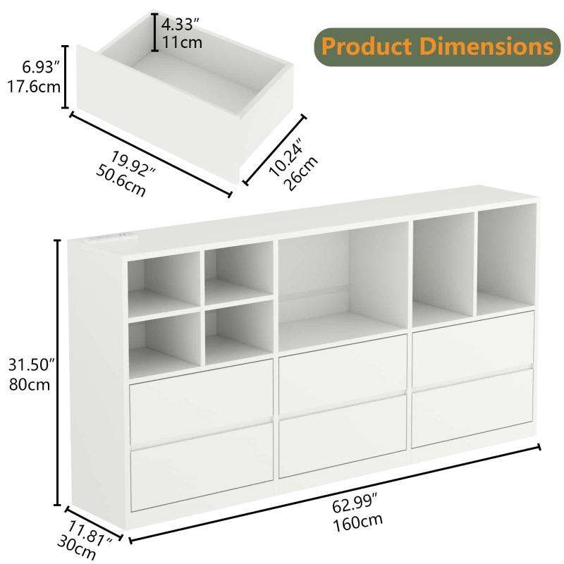 White / Black 6 Drawers Dresser With 7 Storage Cubbies, Chest Of Drawers With Power Outlet And LED Lights, 63" Triple Wide Long Dresser Organizer For Bedroom, Modern Dresser With Open Shelf For Living Room Wardrobe Cabinet