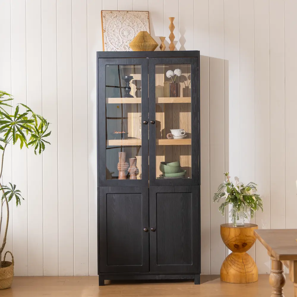 Littleox 74.5''H Ash Wood Grain Display Cabinet, Bookcase with Glass Doors & Adjustable Shelves, Mid-Century Modern Bookshelf, Curio Cabinet for Hallways, Livingroom Kitchen & Office - Black