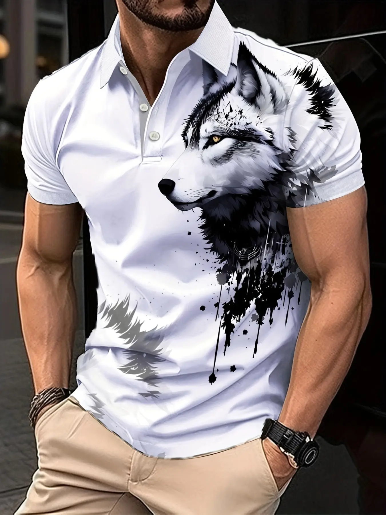 Men's Short Sleeve Polo Shirt, Wolf Head Animal Print, Casual Loose-Fit, Breathable Summer Top, Outdoor Sports Tee, Summer Polos, Printed Polo Shirts