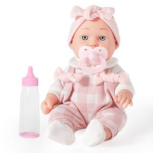 12'' Baby Doll in Gift Box with Pink Cloths, Pacifier, 13''x13'' Microfabric Blanket, and Feeding Bottle. Gift Idea for Ages 3+
