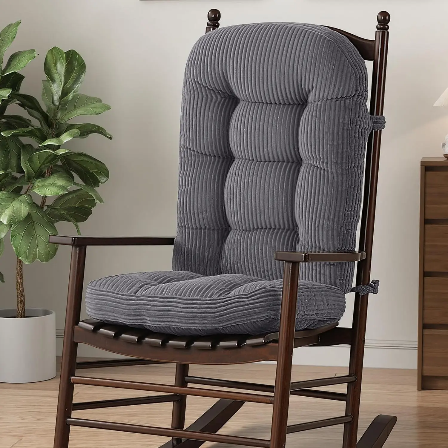 Rocking Chair Cushions Indoor, Glider Rocker Replacement Cushions | Wooden Rocking Chair Pad with Removable Corduroy Cover High Back, Non-Slip Bottom Tufted Seat Pads with Ties, Grey
