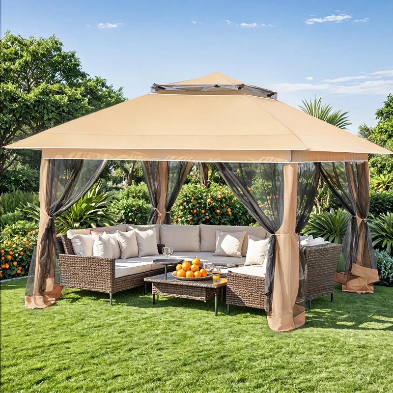 12 Ft. W x 12 Ft. D Metal Patio Gazebo - Khaki Outdoor Canopy, Sturdy Garden Gazebo for Backyard & Deck