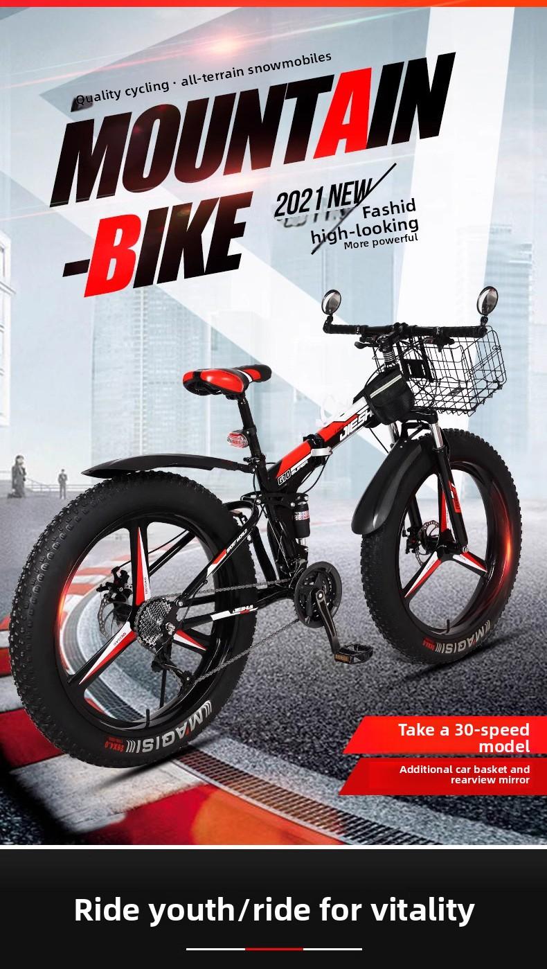 Folding Wide Tire Bicycle Large Thick Wheel Snow Bike Off-road Dual Disc Brake Shock Absorption Speed Mountain Bike for Men and Women Students