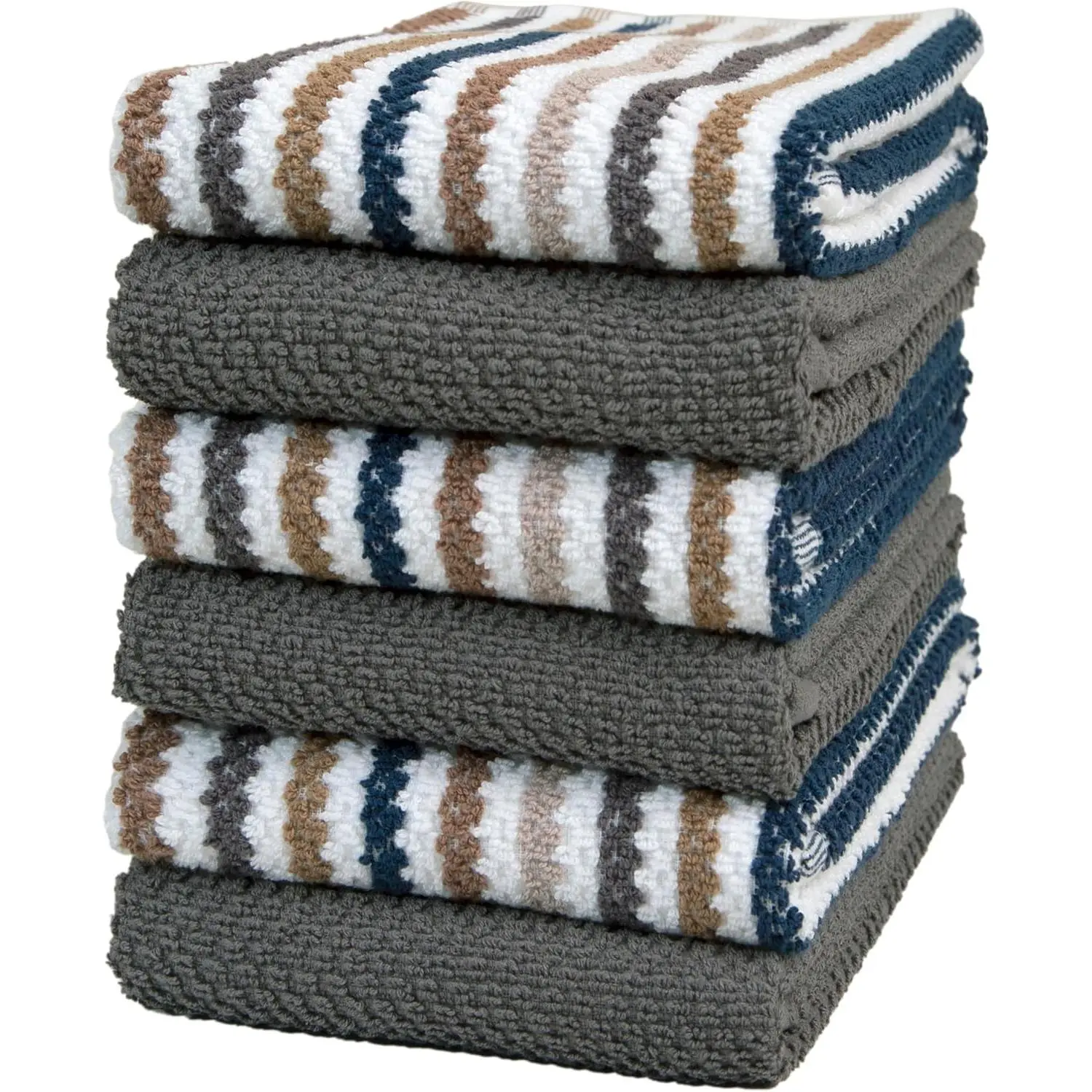Premium Kitchen Towels (16”x 26”, 6 Pack) | Large Cotton Kitchen Hand Towels | Popcorn Striped Design | Dish Towels | 430 GSM Highly Absorbent Tea Towels Set with Hanging Loop | Gray
