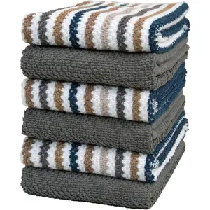 Premium Kitchen Towels (16”x 26”, 6 Pack) | Large Cotton Kitchen Hand Towels | Popcorn Striped Design | Dish Towels | 430 GSM Highly Absorbent Tea Towels Set with Hanging Loop | Gray