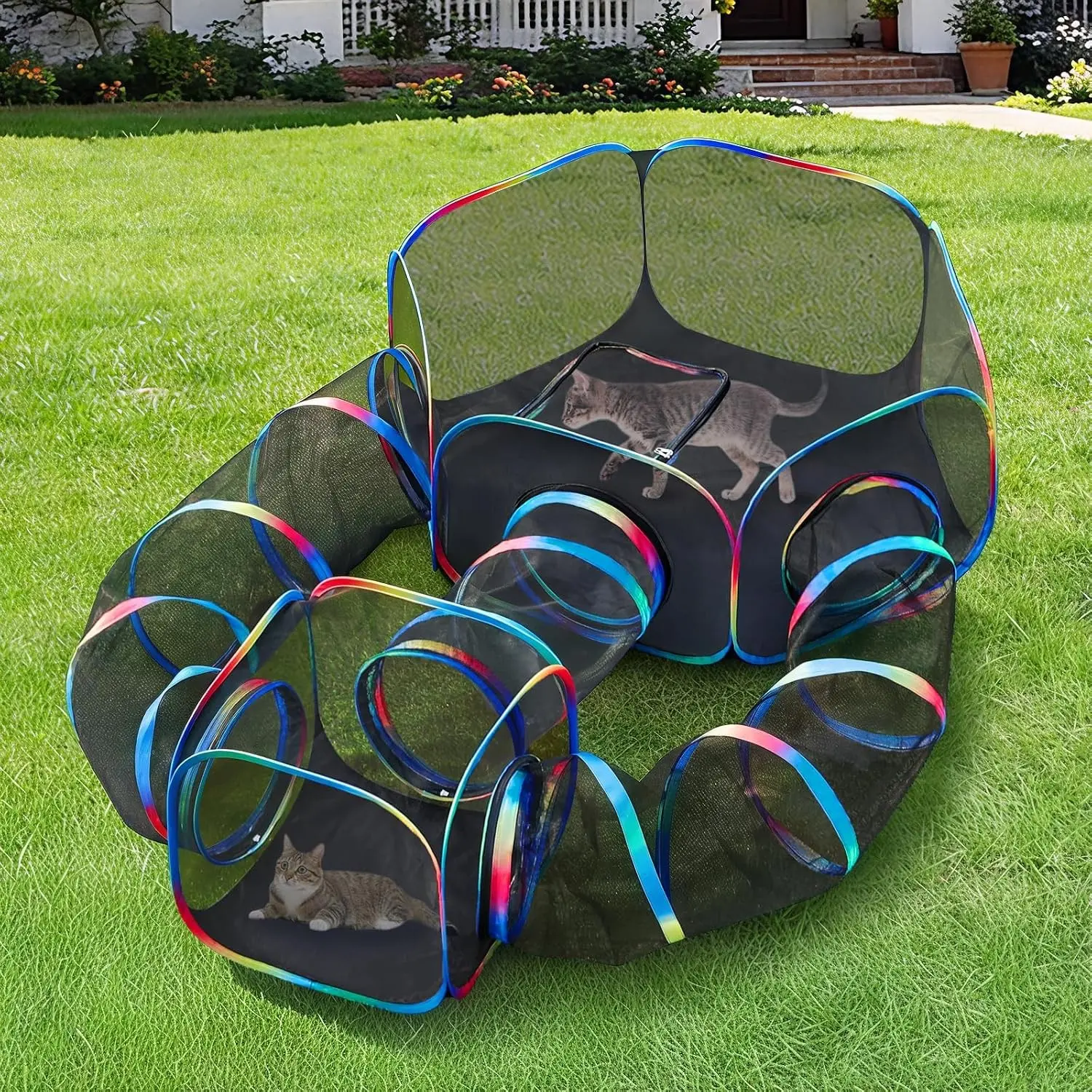 Outdoor Cat Enclosure - 5-in-1 Portable Cat Tunnels with Tent, Cube, Collapsible Catio for Cat Run Outside, Pop up Enclosed Playground for Indoor Cats, Kitty & Small AnimalsGift.