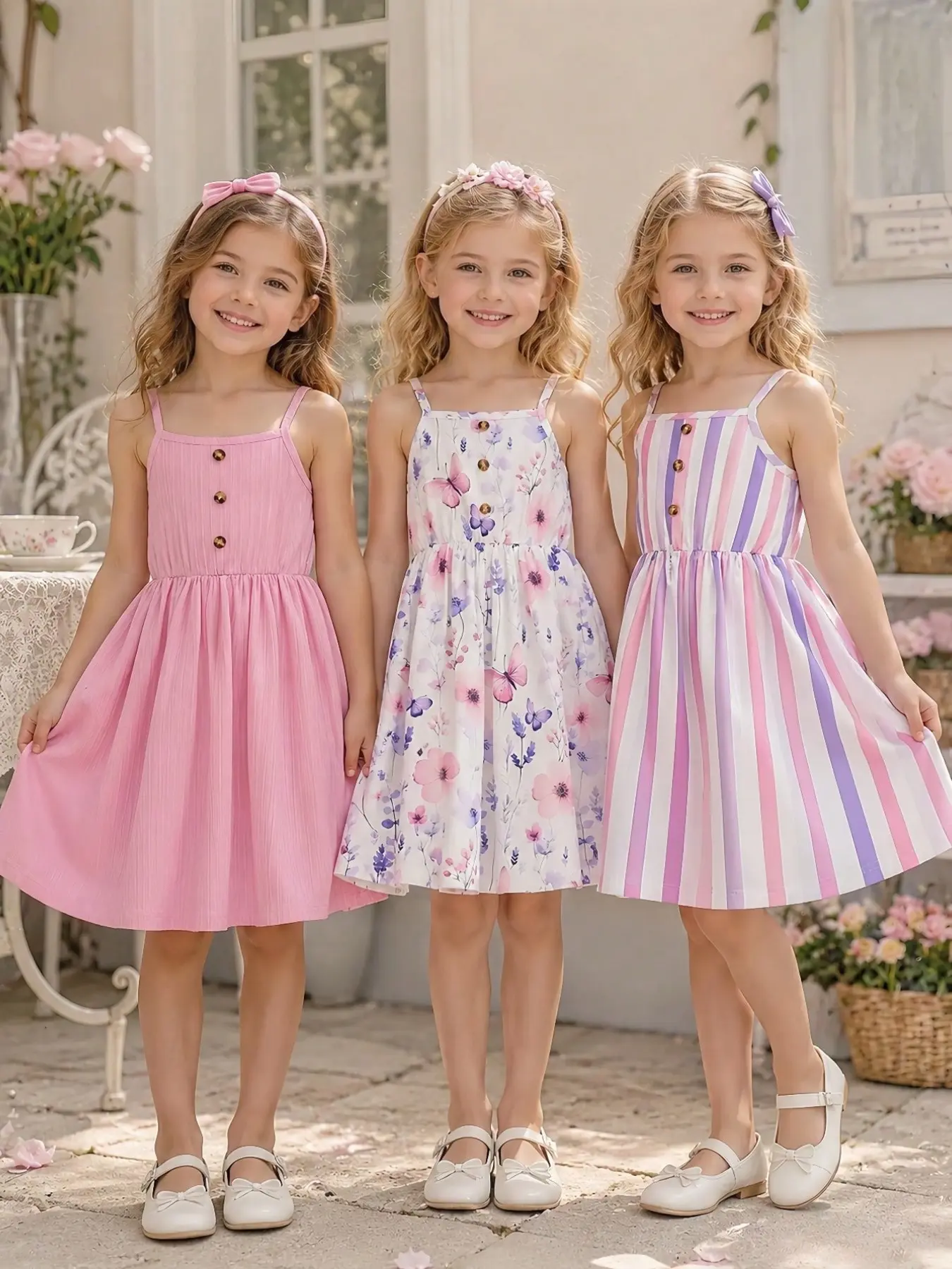 Summer Young Girl 3-Piece Set Casual Comfortable Dress, Striped Floral Print, Solid, Button Decor, Perfect for Parties and Beach