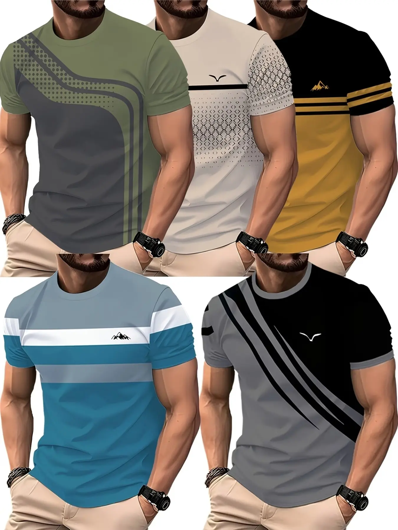 5-Pack Men's T-Shirts, Summer Casual Short Sleeve Round Neck, Breathable Comfortable All-Over Print, Outdoor Commute Wear, Top