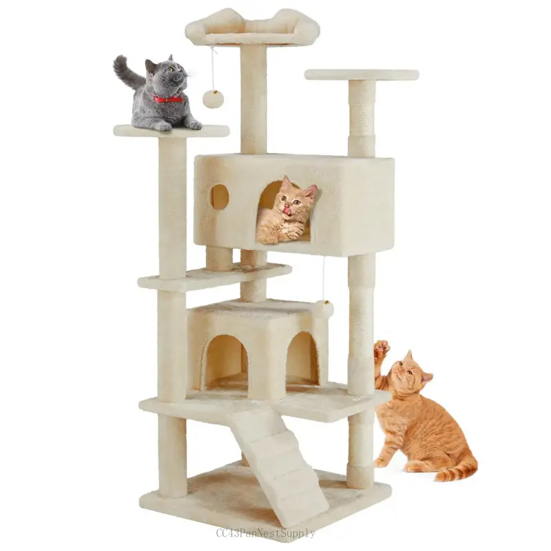 Tower for Indoor Cats, 54in Tall Pet Furniture, Stable Kitty Play House with Sisal Scratching Post, Large Condo, Climbing Ladder, Plush Toy for Kitten cat treehouseCC43PanNestSupply