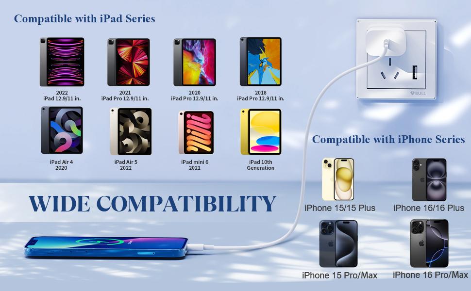 20W USB C Fast Charger Compatible with iPhone 16/16 Plus/ 16 Pro Max/ 15/ iPad Pro, 2Pack PD USB C Charger Block with 6FT Type C to C Cable
