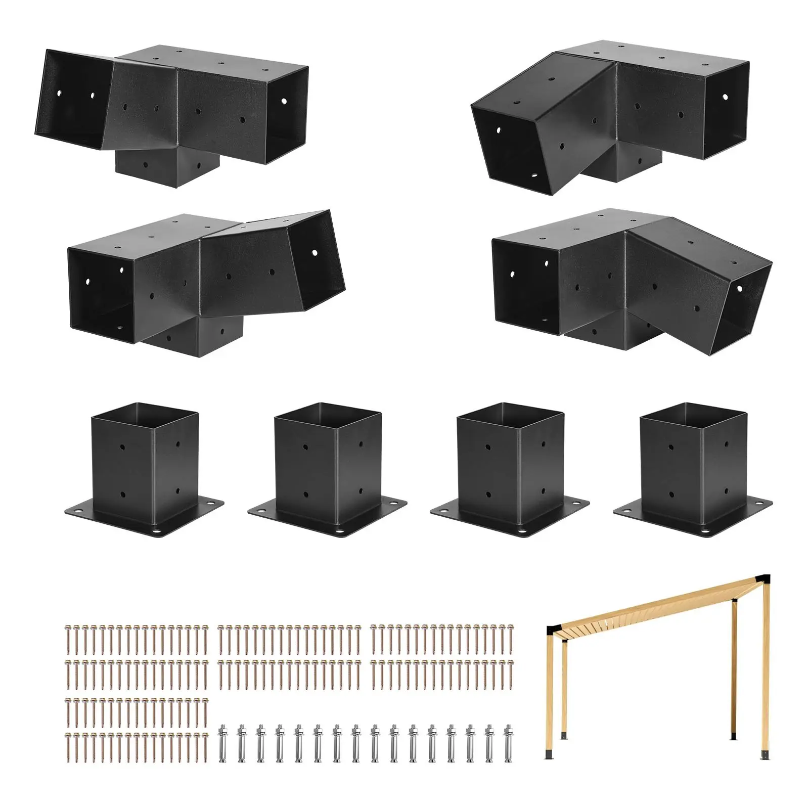 【toolupgrade】VEVOR Carbon Steel Pergola Bracket Kit, 8 Pcs 4x4 Inch 3-Way Slanted Brackets for 3.5x3.5 Inch Wood Beams, Includes Screws and Post Bases, for Outdoor Pergolas, Gazebos, Sheds
