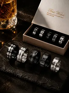 Nocturne Symbol Ring Set, 5pcs Minimal Stackable Rings, & Silver Color, Roman Numeral & Cross Motif, Modern Luxe Unisex Jewelry