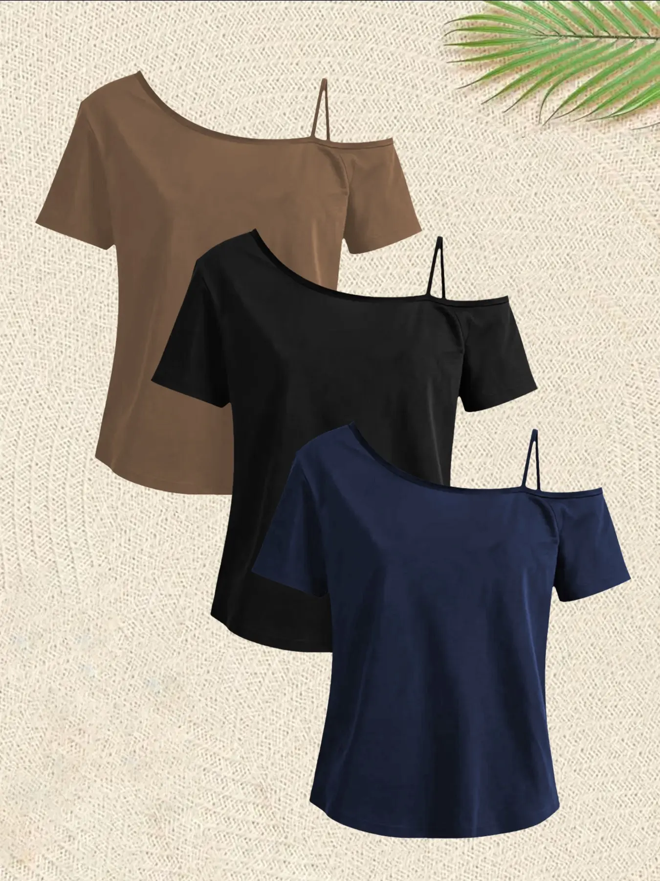 Three-Piece Asymmetrical Neckline Women's Short Sleeve T-Shirts, Solid, Basic, One-Sided Off-Shoulder Design, Casual Summer Fall Top, Fashionable European Style