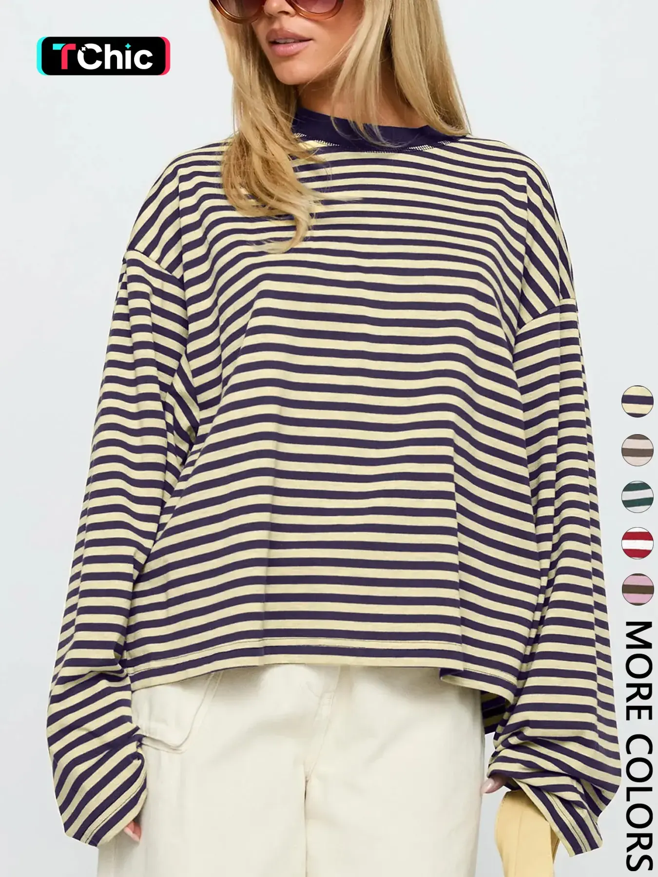 Women's Minimalist Striped Casual Long Sleeve Oversized Sweatshirt Top, Loose-Fit Kint Fabric, All Seasons Wear, Moderate Thickness