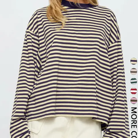 Women's Minimalist Striped Casual Long Sleeve Oversized Sweatshirt Top, Loose-Fit Kint Fabric, All Seasons Wear, Moderate Thickness, Cozy Sweatshirts