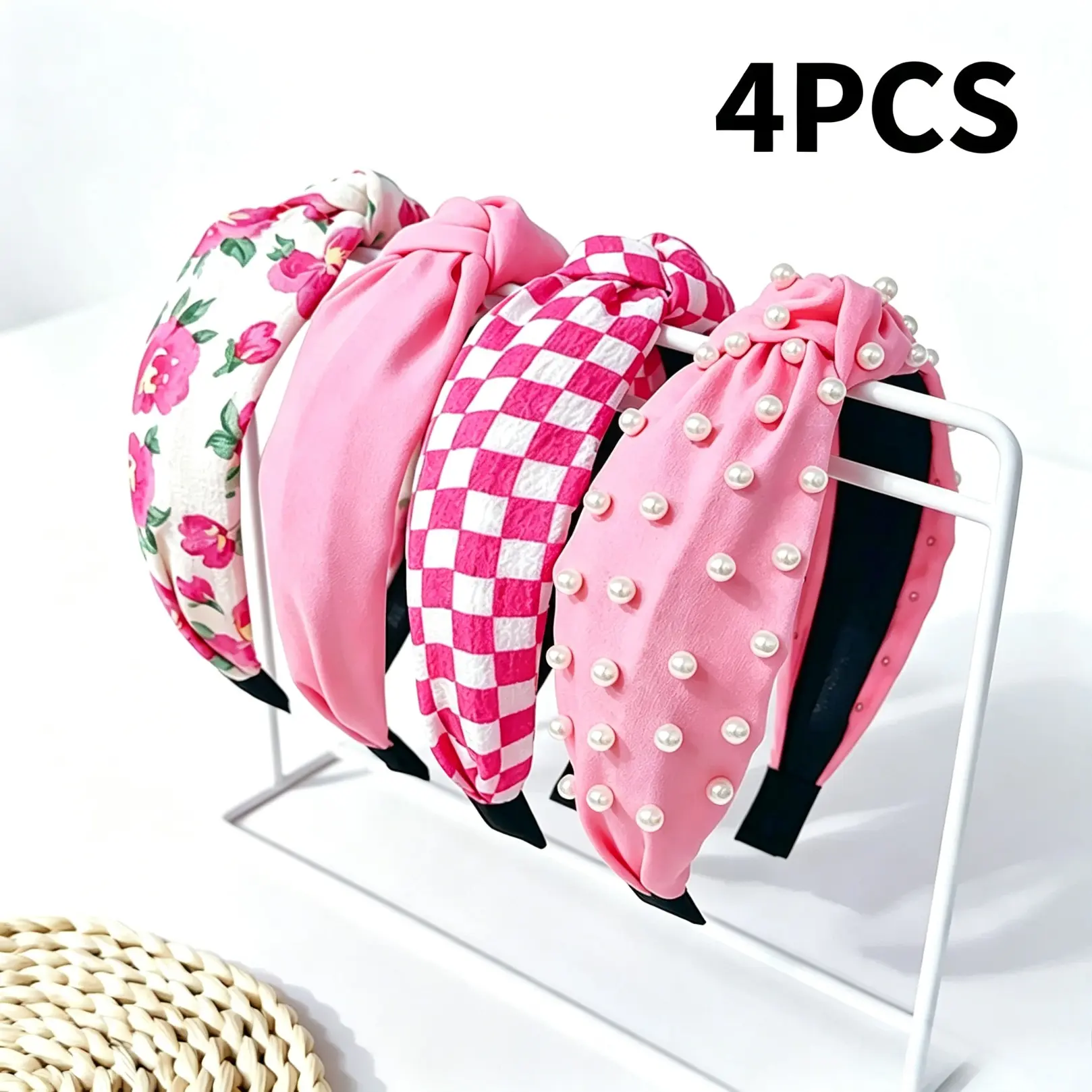 Elegant Women's Wide Set, Headbands On Forehead, Faux Pearl Fabric, Rose Plaid & Solid Colors, Floral Print Knot Design, Knotted Headband, All Seasons Wear, Chic Headbands, Fashion Hair Accessories