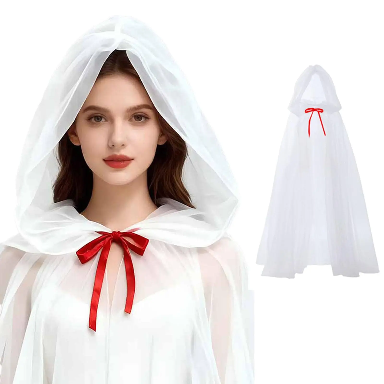 Women's Sheer Tulle Hooded Cape, 59" Long Gothic Cloak for Halloween, Christmas, Witch Costume, Cosplay Costume