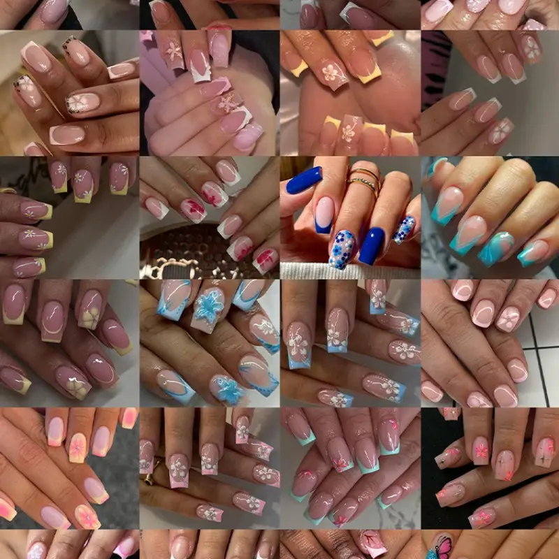 576pcs French Press-On Nails, Floral Design, Flower Nails, Medium Size, Acrylic Material, Includes Gel Glue & Nail Files, Perfect for Summer, Women & Girls