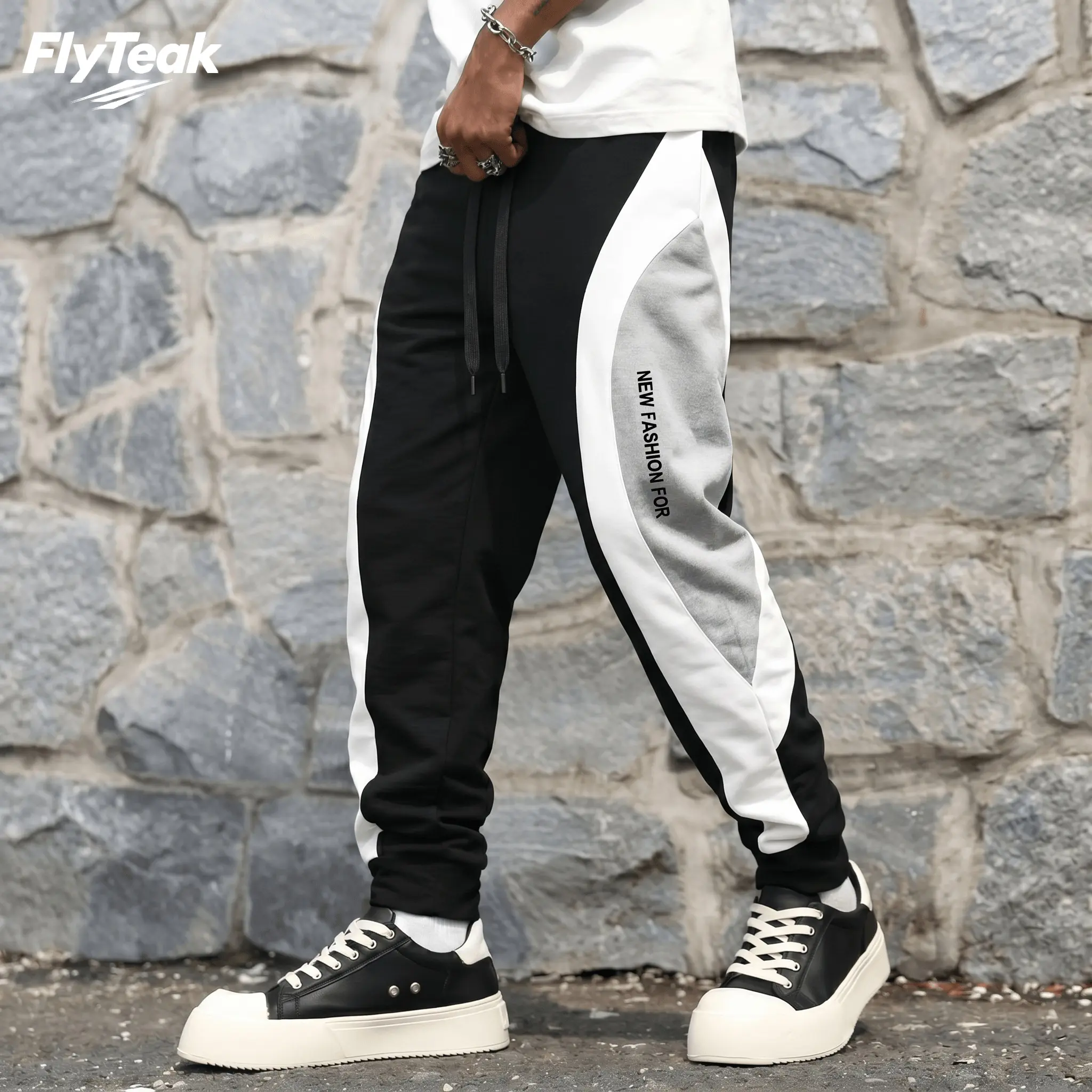 FlyTeak Men's Color Block Jogger Pants,  Stretch Knit Athletic Sweatpants, Slim Fit Breathable Ankle Cuffed Track Pants with Drawstring Waist, Streetwear Casual Jogging Workout Trousers with Contrast Panel & Letter Print