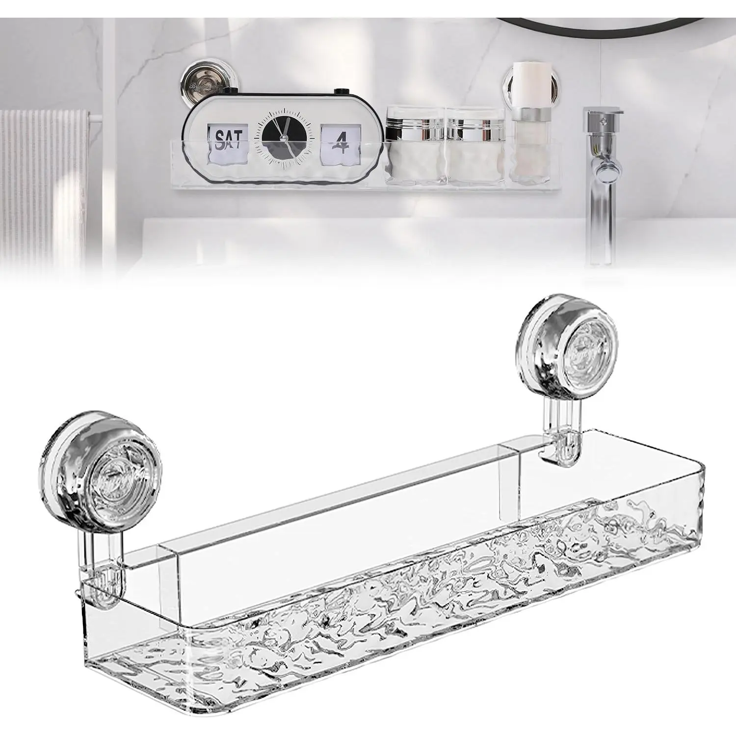Corrugated Suction Cup Storage Holder, Movable Suction Cup Shower Shelf, No-Drill Wall Mounted Storage Holder for Bathroom Kitchen Storage Rack Shelf Showers Accessories, Glacier Pattern(Clear)