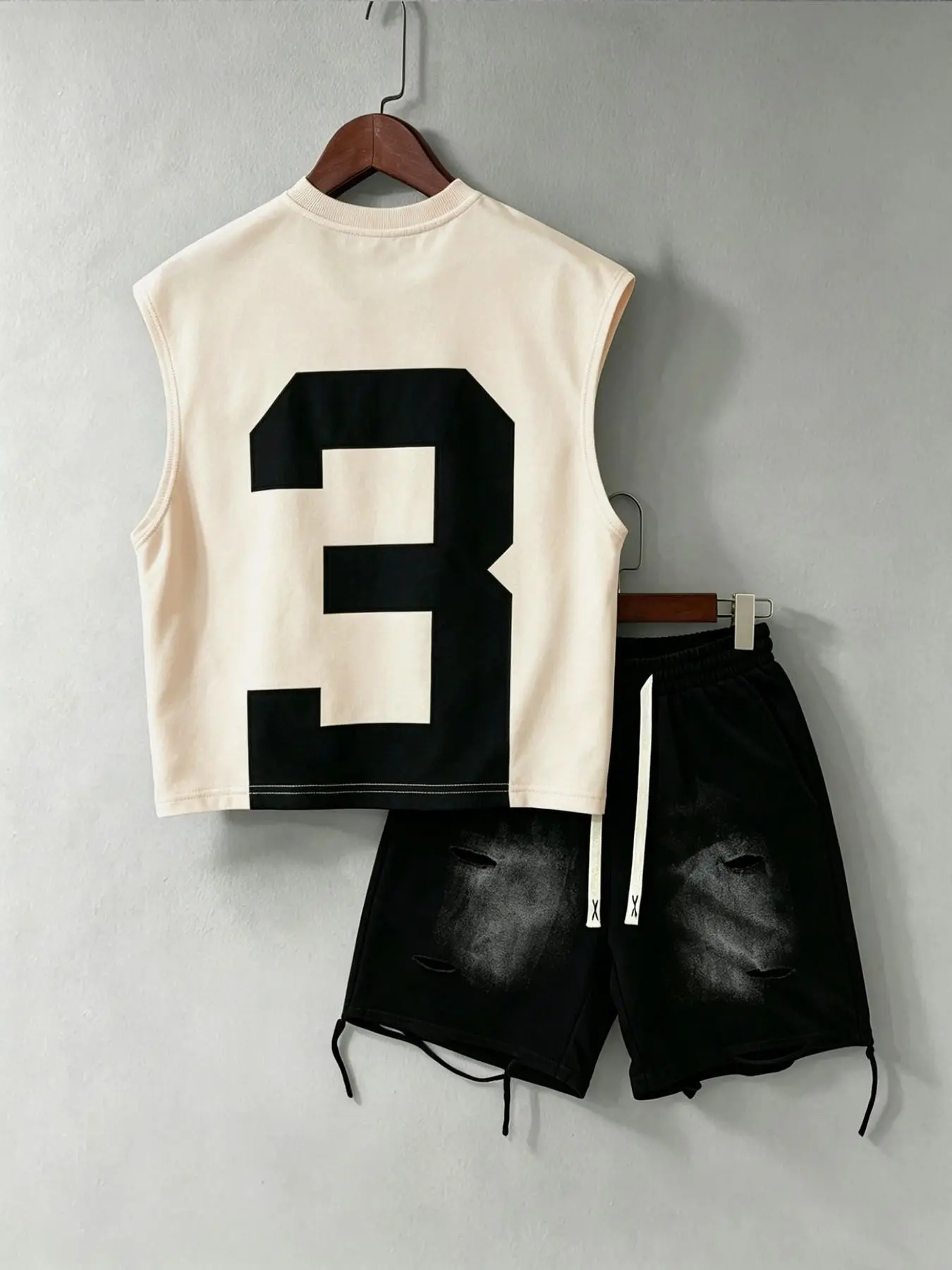 Y2K Vintage Style Casual Two-Piece Set, Tank Top + Ripped Drawstring Shorts, Unisex, All Seasons, Fashionable Retro College Look