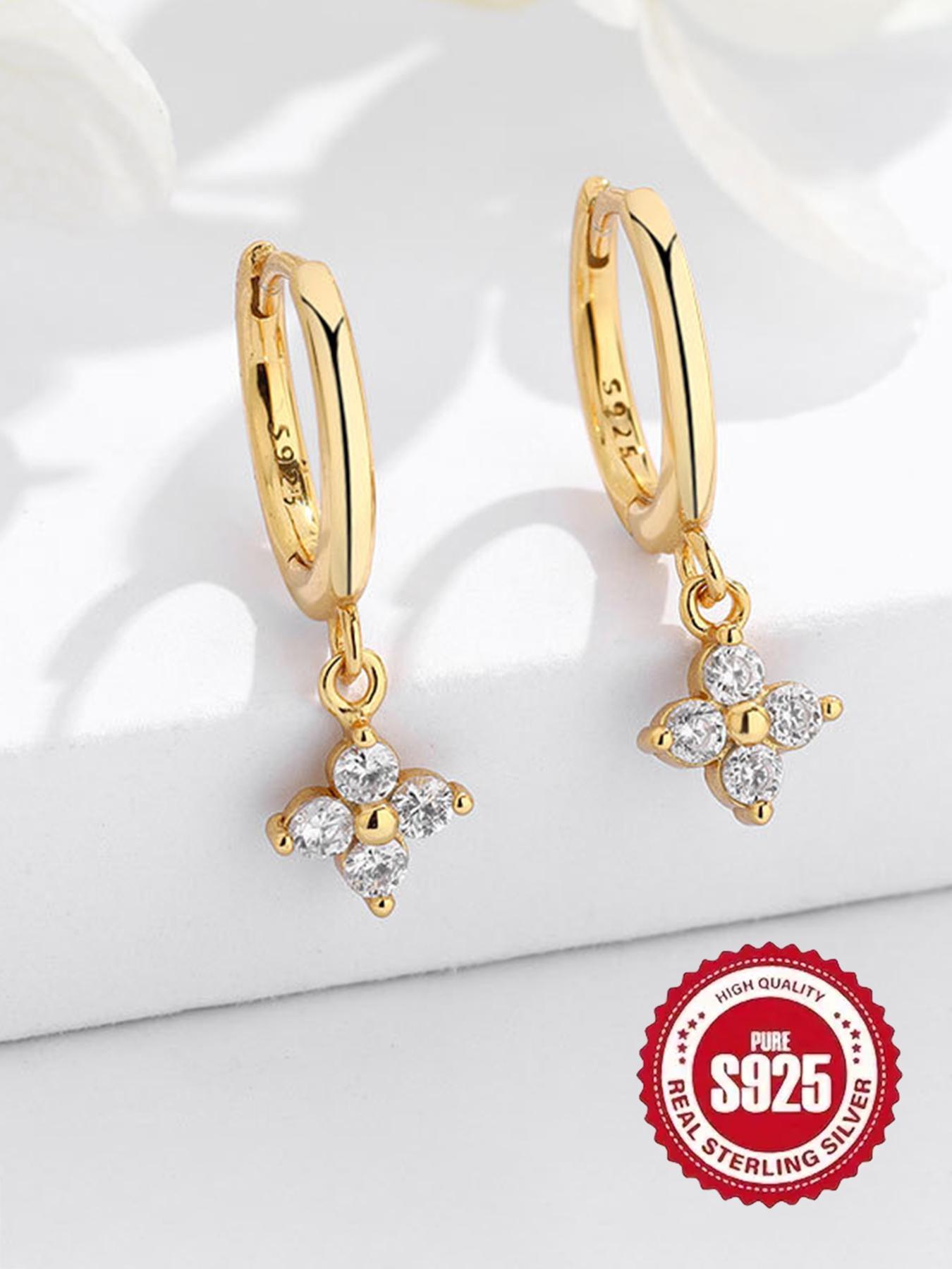 S925 Sterling Silver Four Leaf Clover Rhinestone Design Earrings, Fashionable Earrings for Women, Trendy All-match & Exquisite Jewelry for Birthday Gift