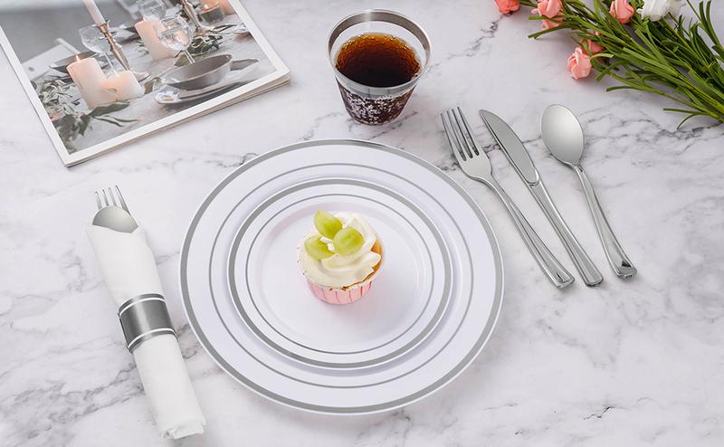 Goodluck 700 Piece Silver Plastic Dinnerware Set for 100 Guests, Disposable Plates for Party, Include: 100 Dinner Plates, 100 Dessert Plates, 100 Pre Rolled Napkins with Silverware, 100 Cups