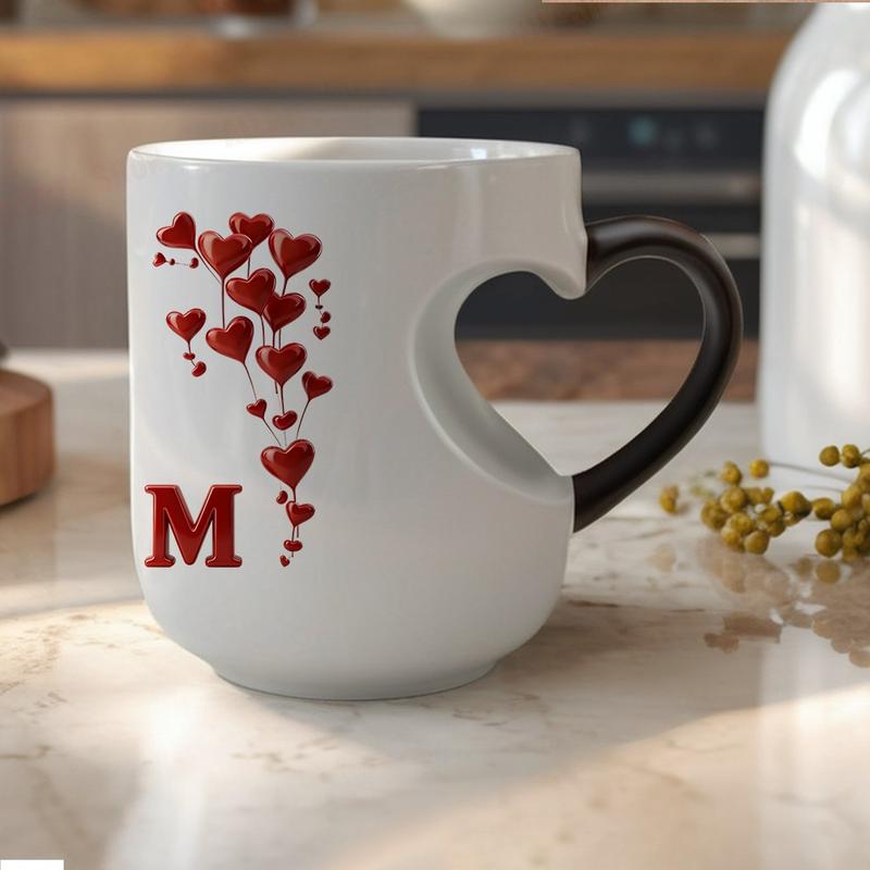 Color Changing Mug A-Z Initial Heart Coffee Cup, Thermosensitive Ceramic Mug with Heart-Shaped Handle, 11 Oz/330 Ml, Valentine's Day Gift