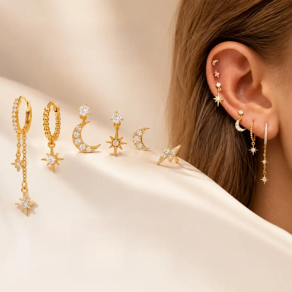 6-Piece Celestial Stacking Earring Set for Women, Gold Plated Moon Star Studs & Hoops with Cubic Zirconia, Hypoallergenic Trendy Jewelry, Earrings Jewelry, Trendy Earrings, Earring Stack Inspo